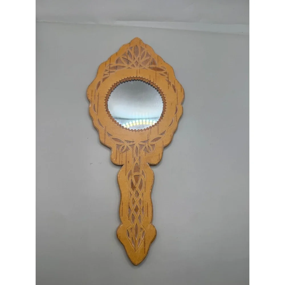Vintage MCM Eastern European Hand Carved Birch Wood Hand Mirror 11.75